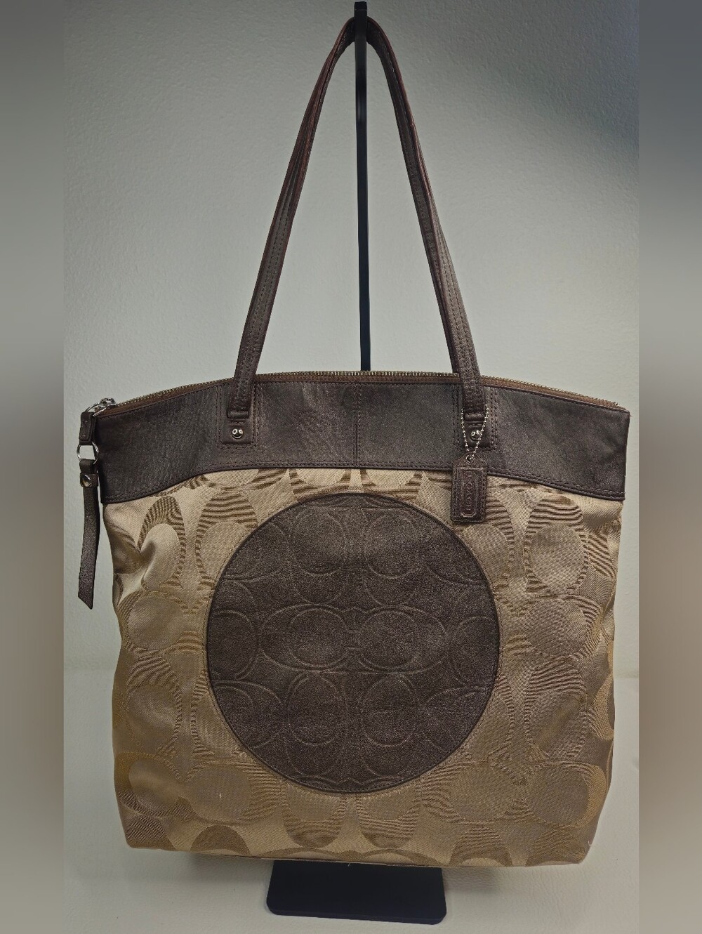 Authentic Coach Signature Jacquard Leather Large Tote Shoulder Bag Brown Tan